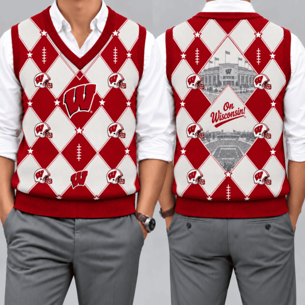Wisconsin Badgers Team Argyle Football Fan V-Neck Sleeveless Knit Vest
