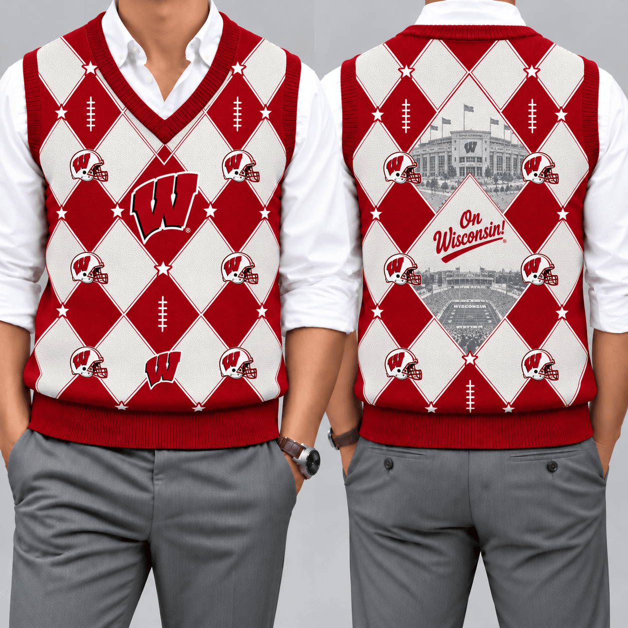 Wisconsin Badgers Team Argyle Football Fan V-Neck Sleeveless Knit Vest