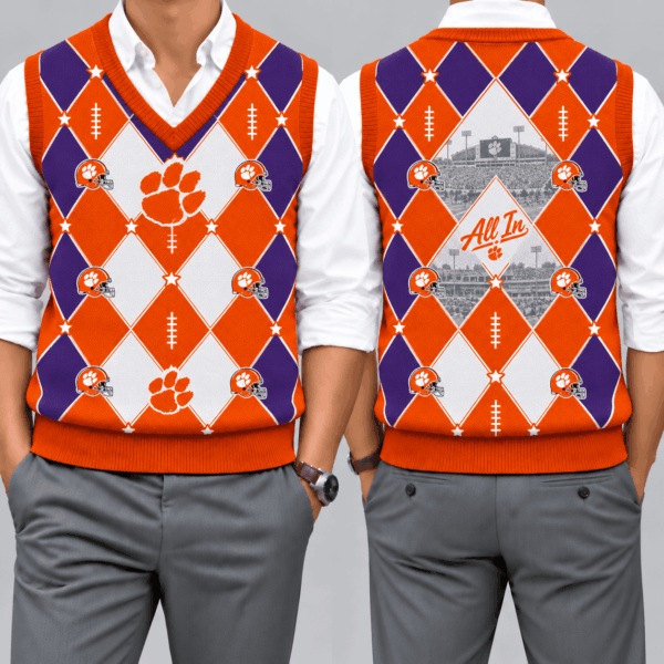 Clemson Tigers Team Argyle Football Fan V-Neck Sleeveless Knit Vest