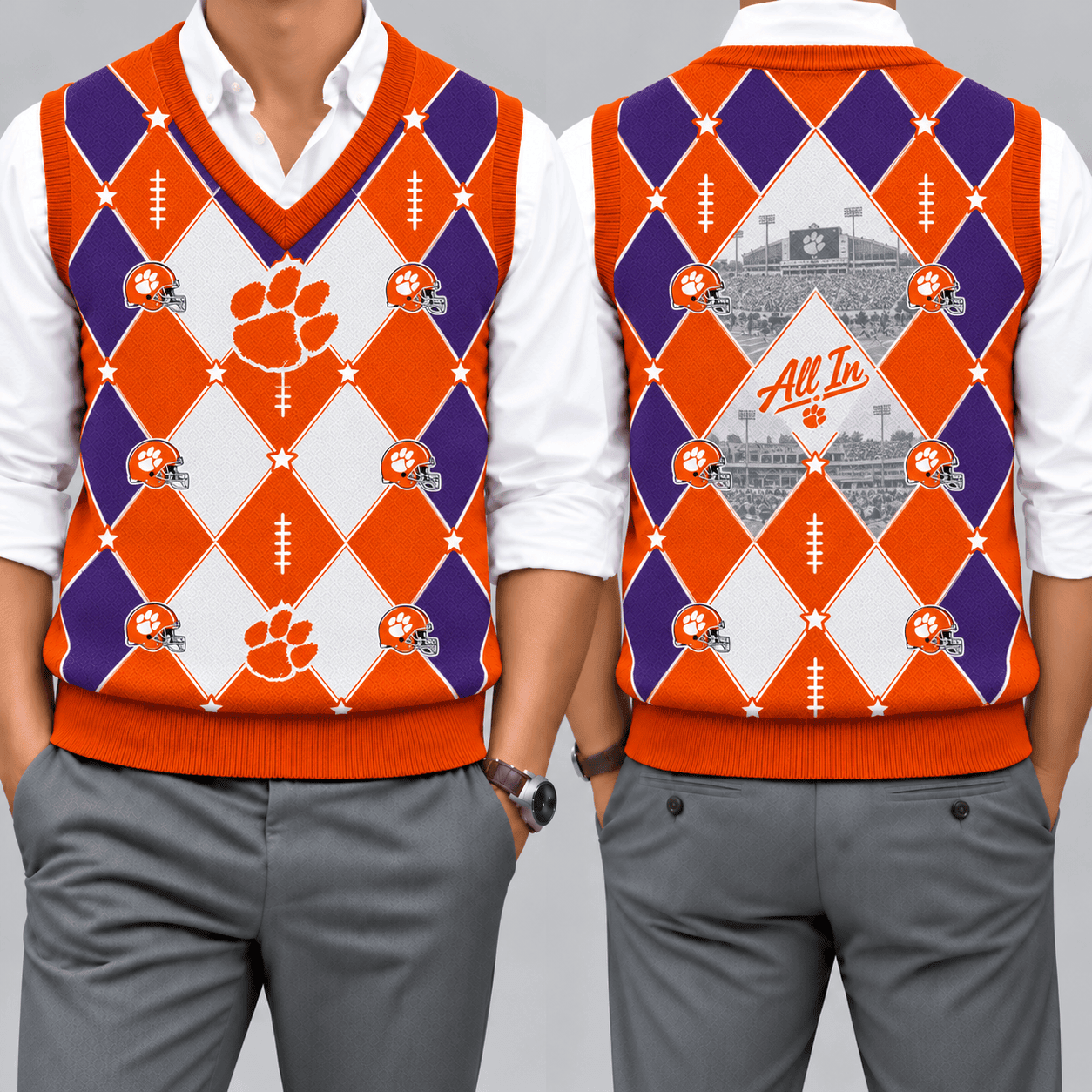 Clemson Tigers Team Argyle Football Fan V-Neck Sleeveless Knit Vest