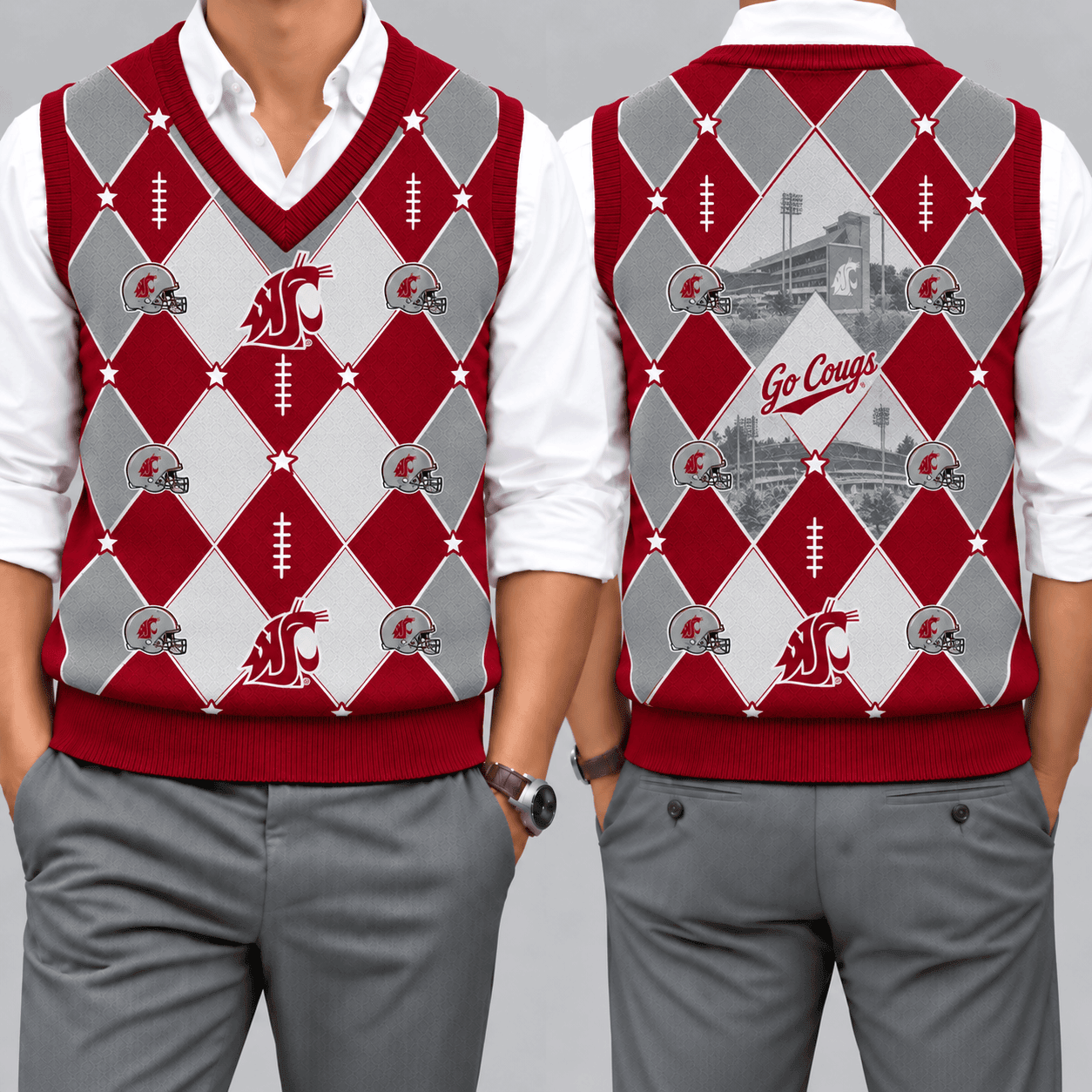 Washington State Cougars Team Argyle Football Fan V-Neck Sleeveless Knit Vest