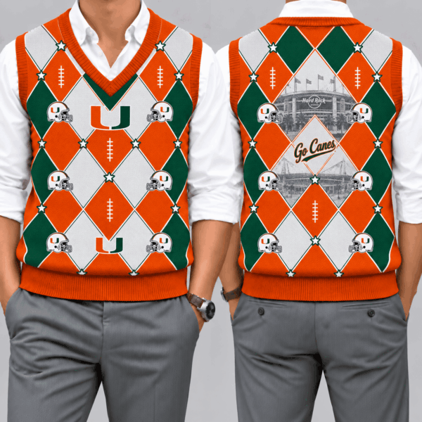 Miami Hurricanes Team Argyle Football Fan V-Neck Sleeveless Knit Vest