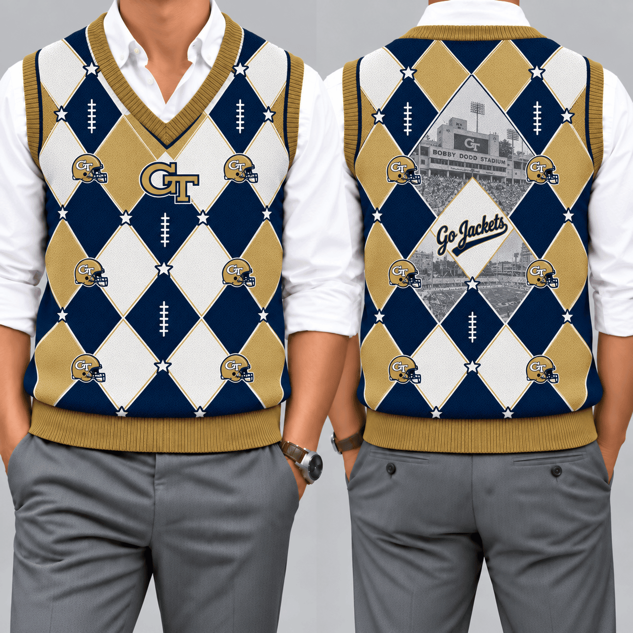 Georgia Tech Yellow Jackets Team Argyle Football Fan V-Neck Sleeveless Knit Vest