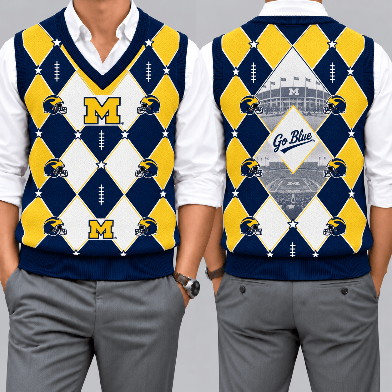 Michigan Wolverines Team Argyle Football Fan V-Neck Sleeveless Knit Vest