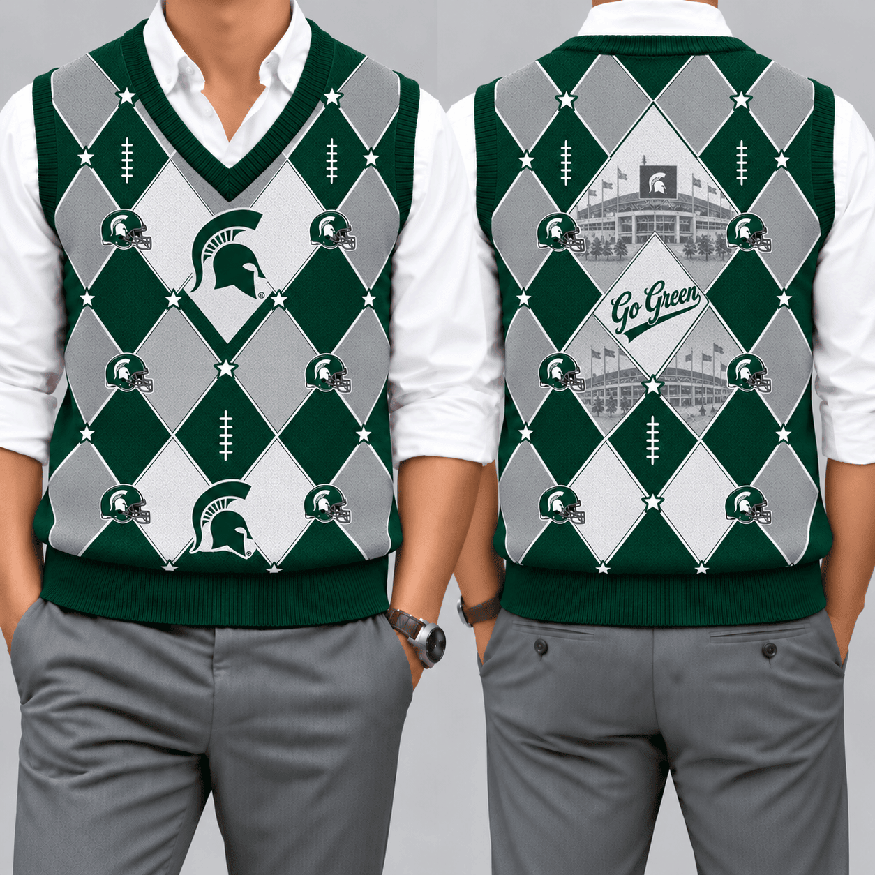 Michigan State Spartans Team Argyle Football Fan V-Neck Sleeveless Knit Vest