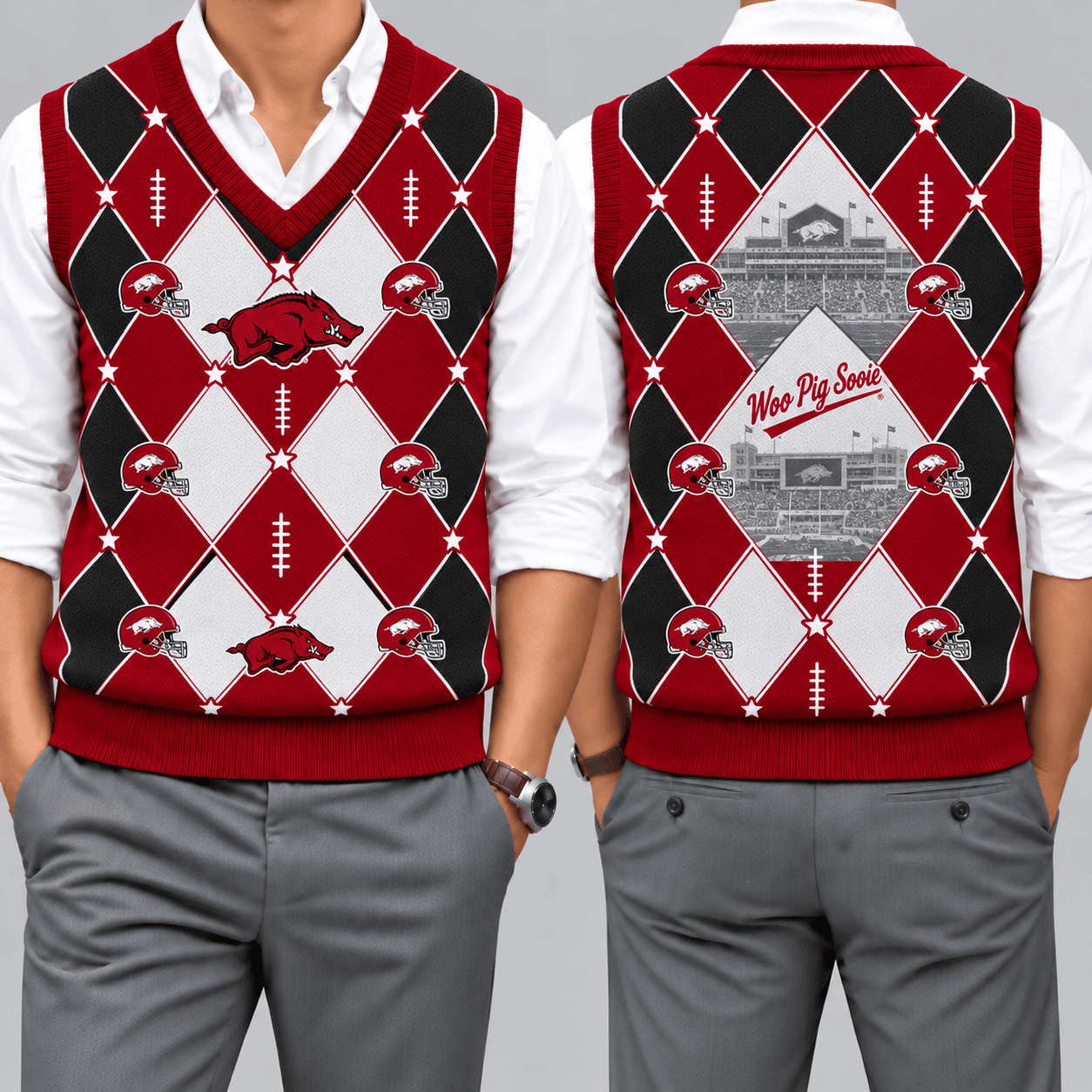 Arkansas Razorbacks Team Argyle Football Fan V-Neck Sleeveless Knit Vest