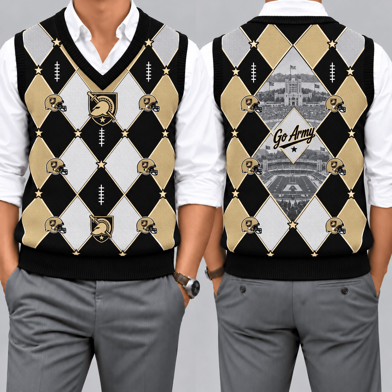 Army Black Knights Team Argyle Football Fan V-Neck Sleeveless Knit Vest