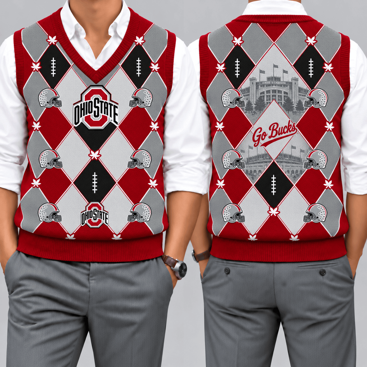 Ohio State Buckeyes Team Argyle Football Fan V-Neck Sleeveless Knit Vest