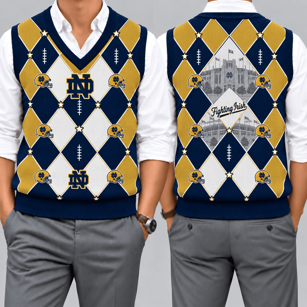 Notre Dame Fighting Irish Team Argyle Football Fan V-Neck Sleeveless Knit Vest