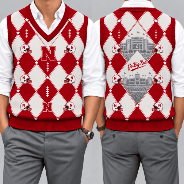 Nebraska Cornhuskers Team Argyle Football Fan V-Neck Sleeveless Knit Vest