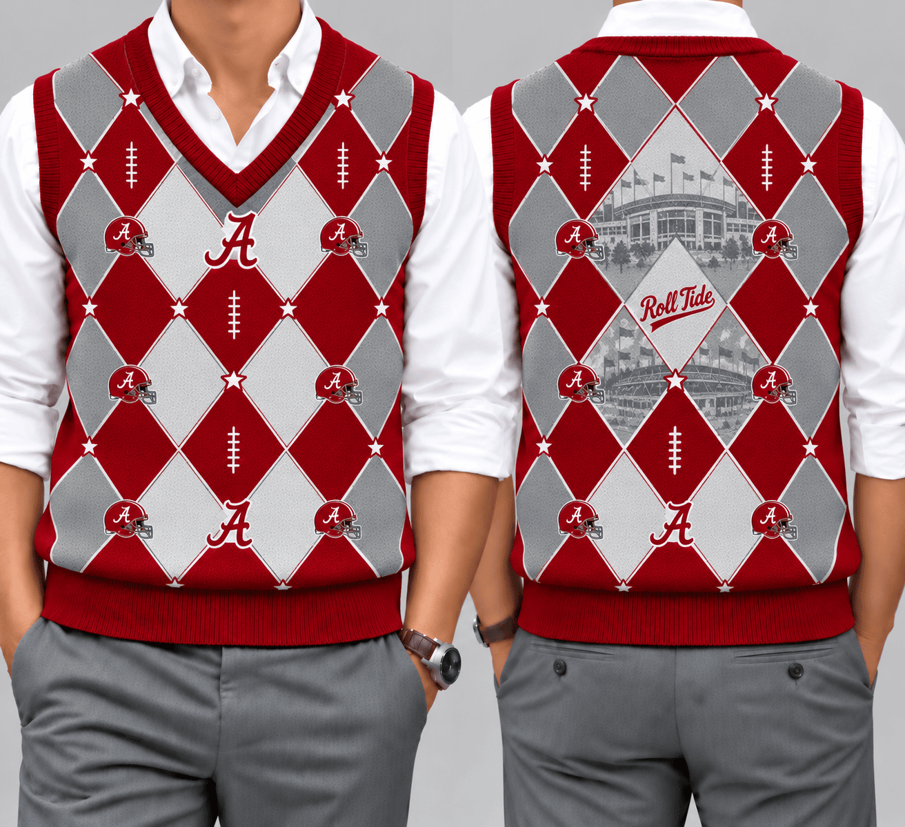 Alabama Crimson Tide Team Argyle Football Fan V-Neck Sleeveless Knit Vest