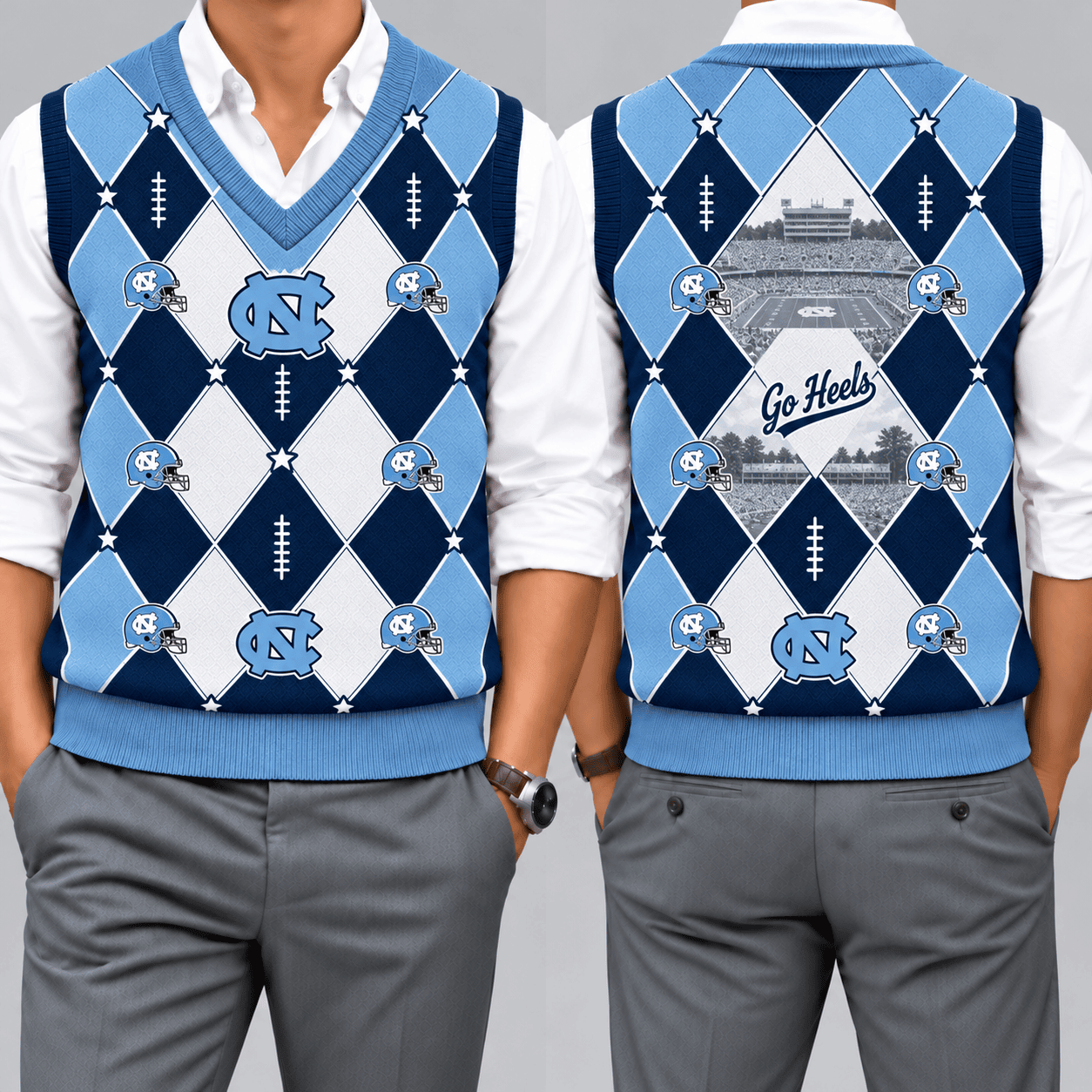North Carolina Tar Heels Team Argyle Football Fan V-Neck Sleeveless Knit Vest