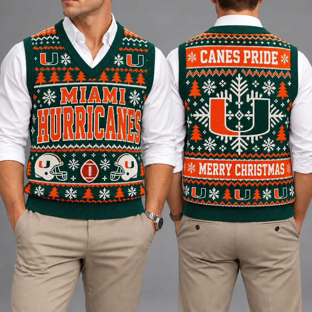 Miami (FL) Hurricanes Christmas Argyle Football Fan V-Neck Sleeveless Knit Vest