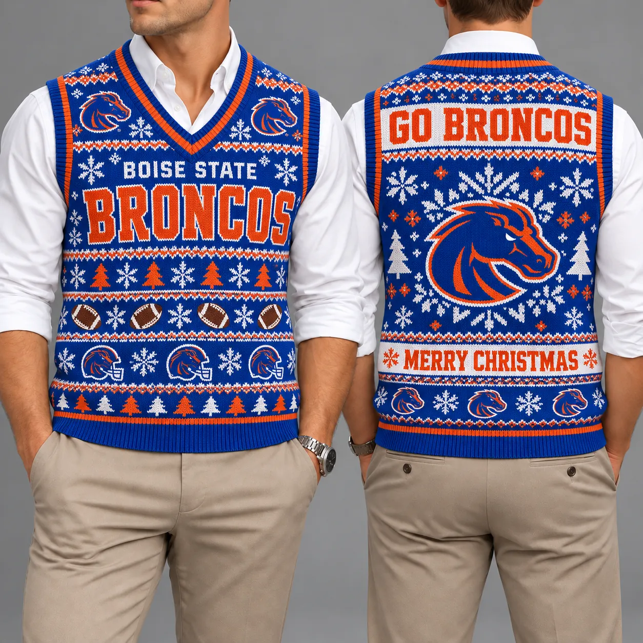Boise State Broncos Christmas Argyle Football Fan V-Neck Sleeveless Knit Vest