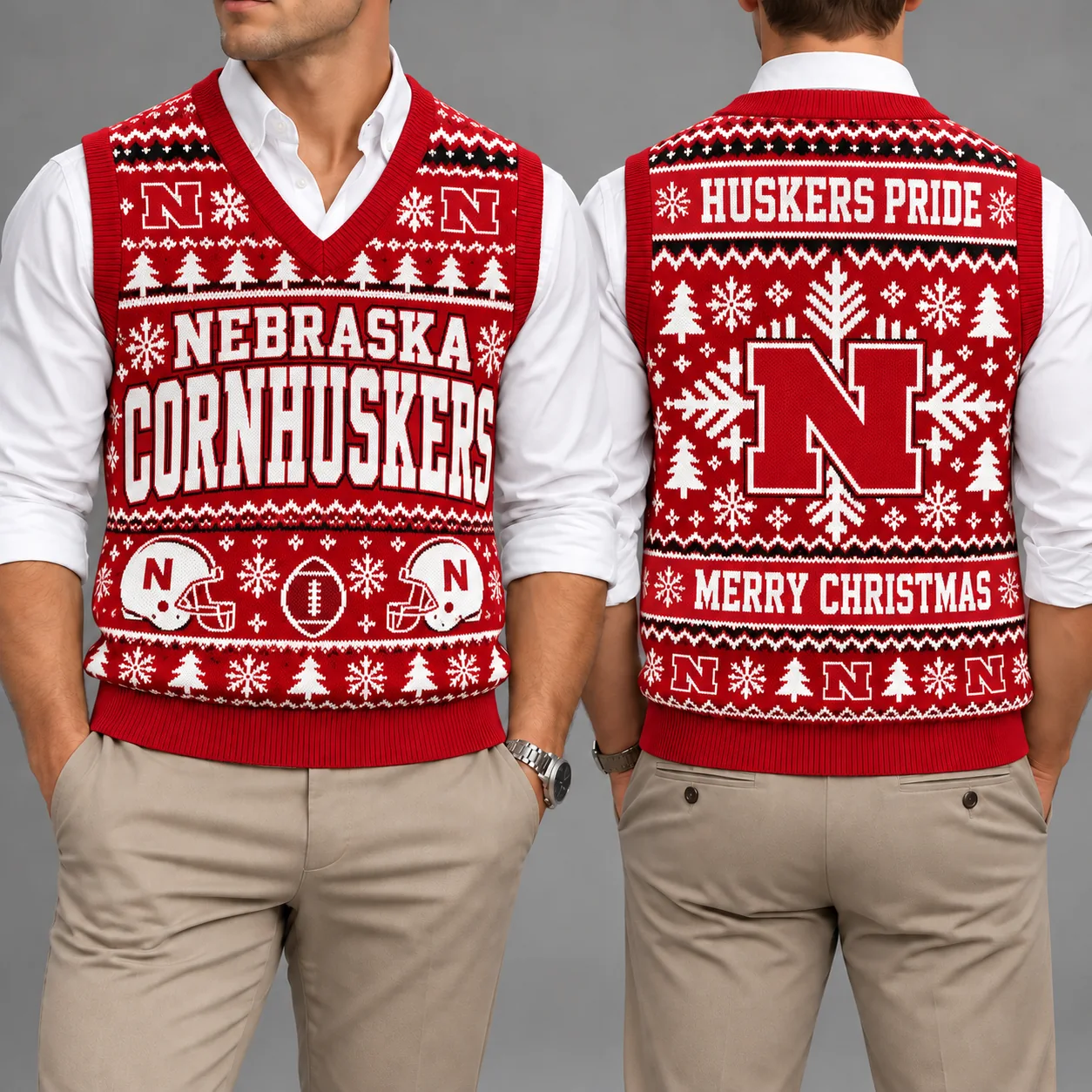 Nebraska Cornhuskers Christmas Argyle Football Fan V-Neck Sleeveless Knit Vest