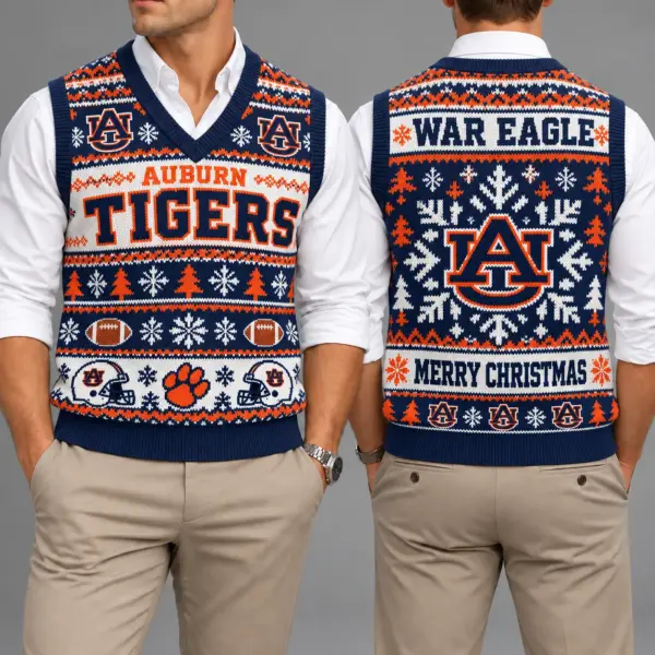 Auburn Tigers Christmas Argyle Football Fan V-Neck Sleeveless Knit Vest