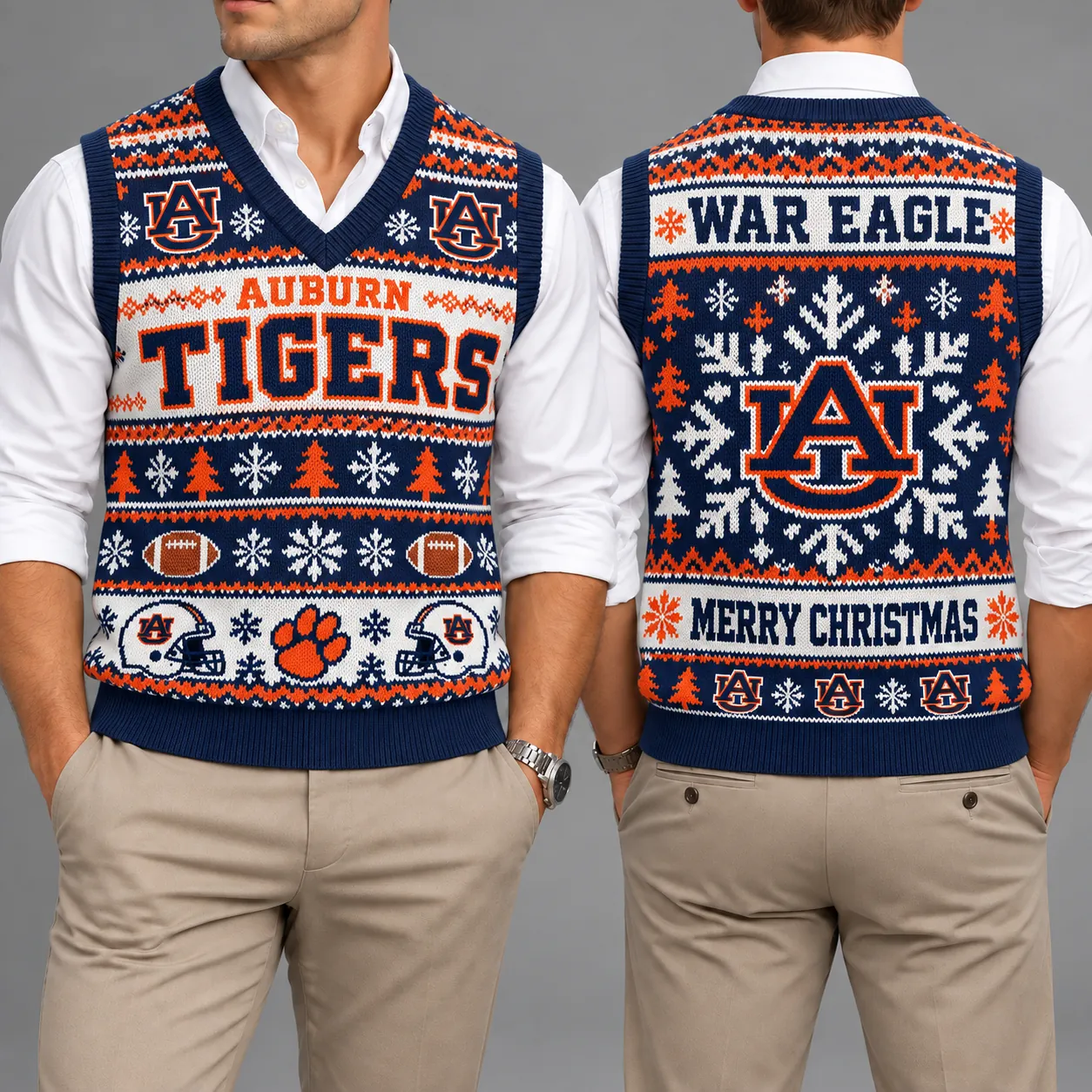 Auburn Tigers Christmas Argyle Football Fan V-Neck Sleeveless Knit Vest