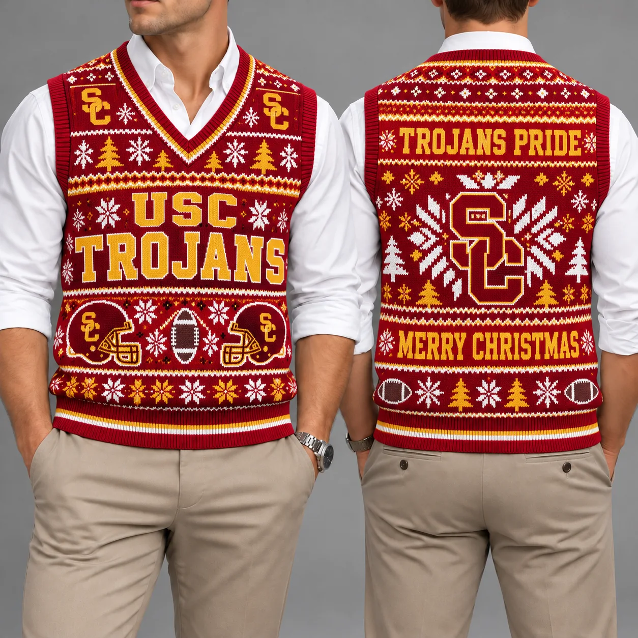 USC Trojans Christmas Argyle Football Fan V-Neck Sleeveless Knit Vest