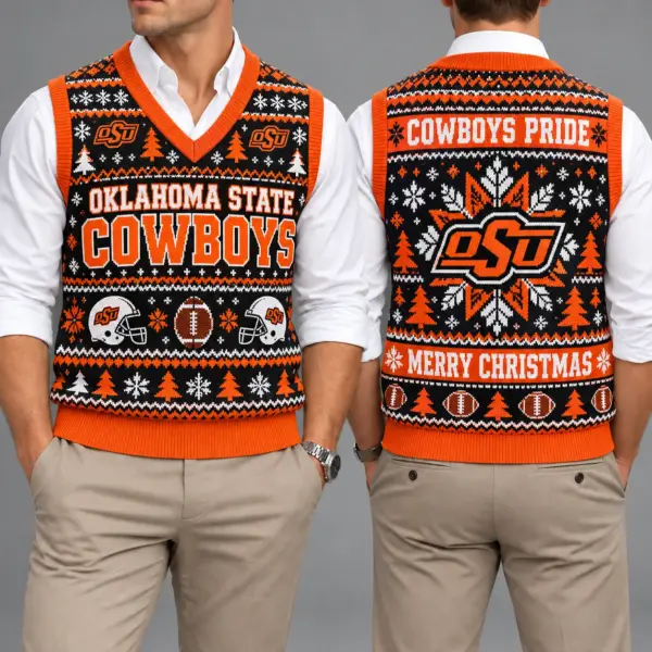 Oklahoma State Cowboys Christmas Argyle Football Fan V-Neck Sleeveless Knit Vest