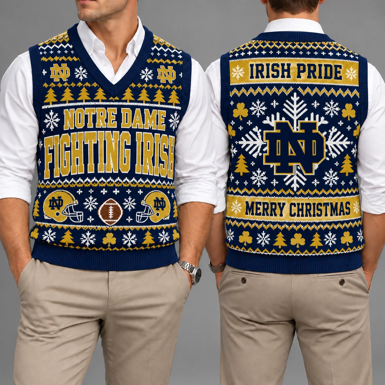 Notre Dame Fighting Irish Christmas Argyle Football Fan V-Neck Sleeveless Knit Vest