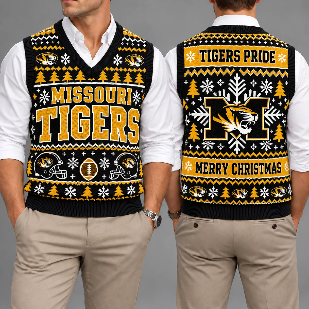 Missouri Tigers Christmas Argyle Football Fan V-Neck Sleeveless Knit Vest