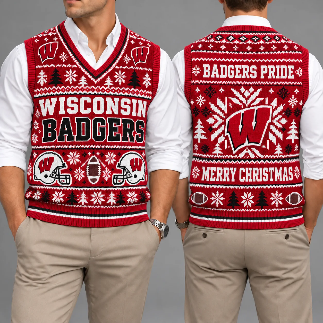 Wisconsin Badgers Christmas Argyle Football Fan V-Neck Sleeveless Knit Vest