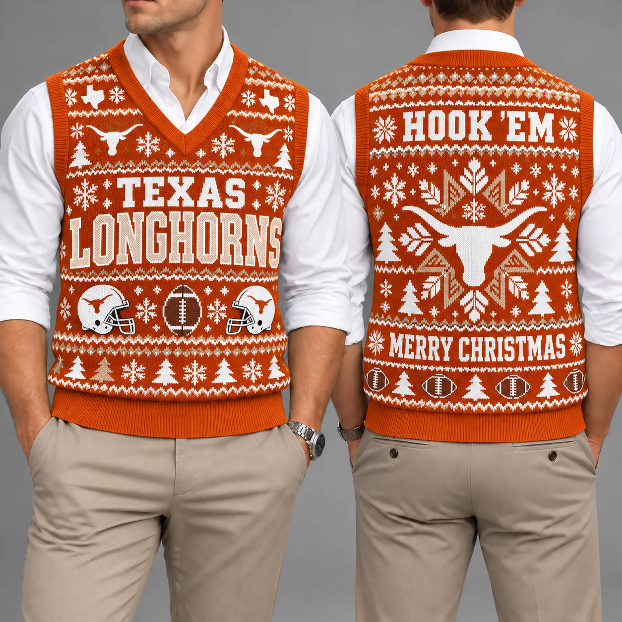 Texas Longhorns Christmas Argyle Football Fan V-Neck Sleeveless Knit Vest