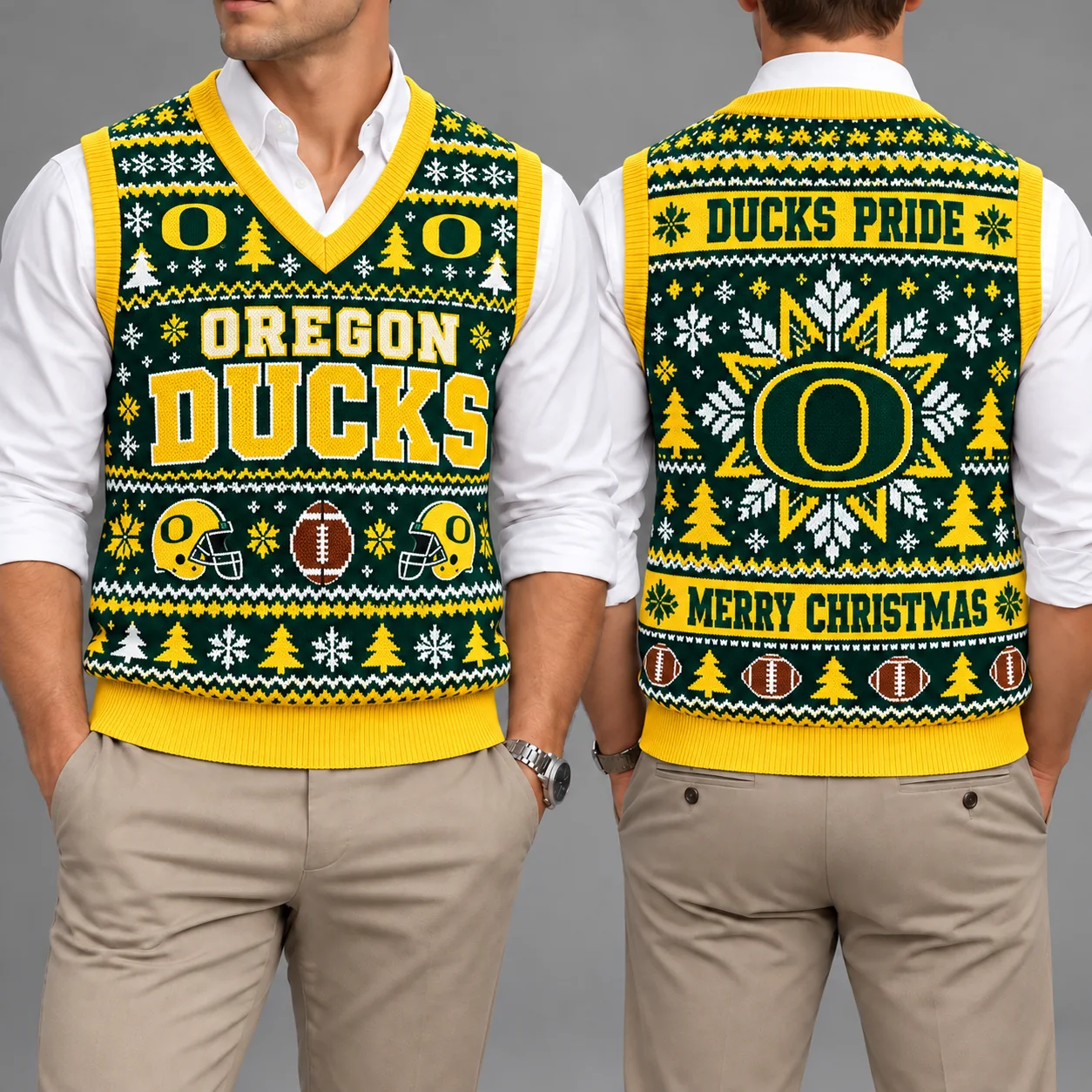 Oregon Ducks Christmas Argyle Football Fan V-Neck Sleeveless Knit Vest