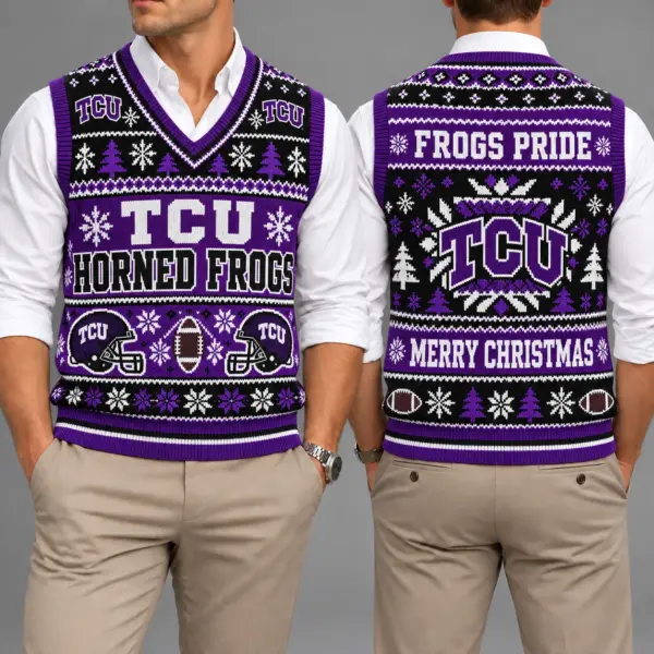 TCU Horned Frogs Christmas Argyle Football Fan V-Neck Sleeveless Knit Vest