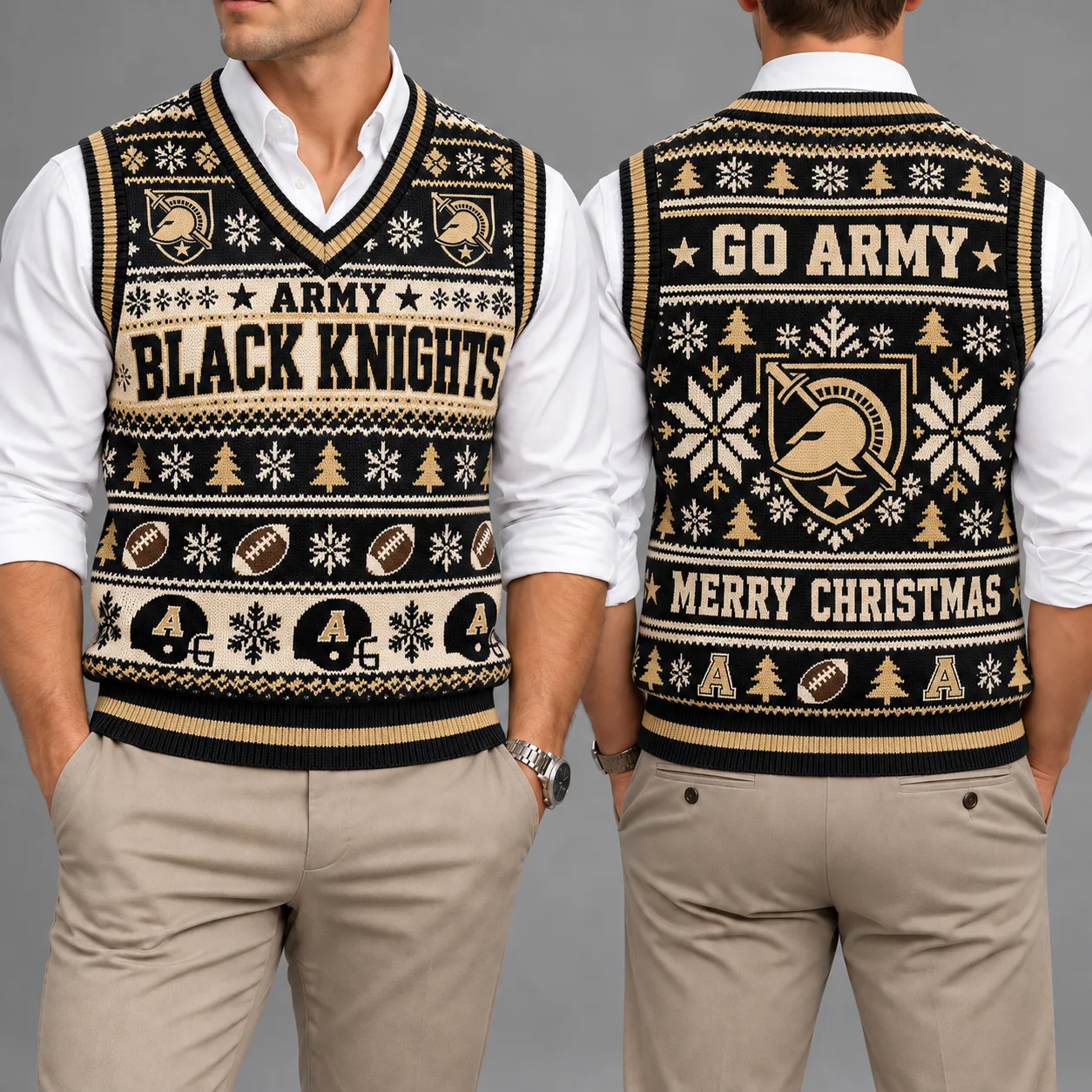 Army Black Knights Christmas Argyle Football Fan V-Neck Sleeveless Knit Vest