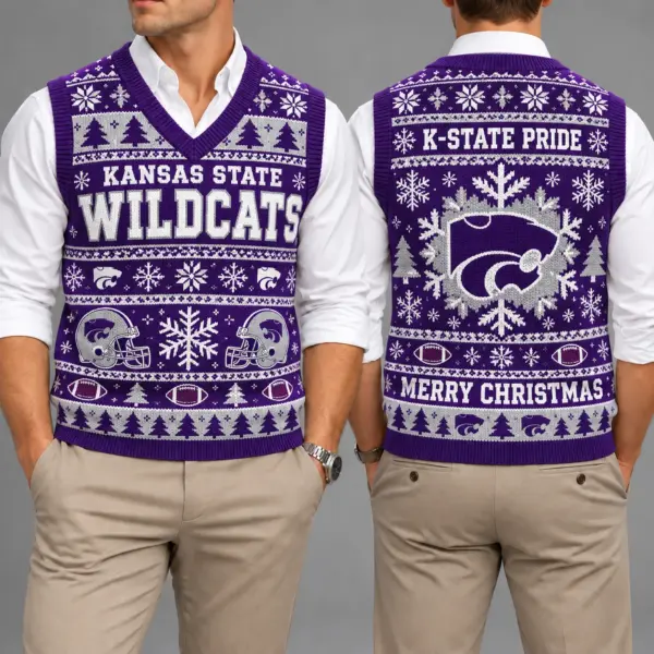 Kansas State Wildcats Christmas Argyle Football Fan V-Neck Sleeveless Knit Vest