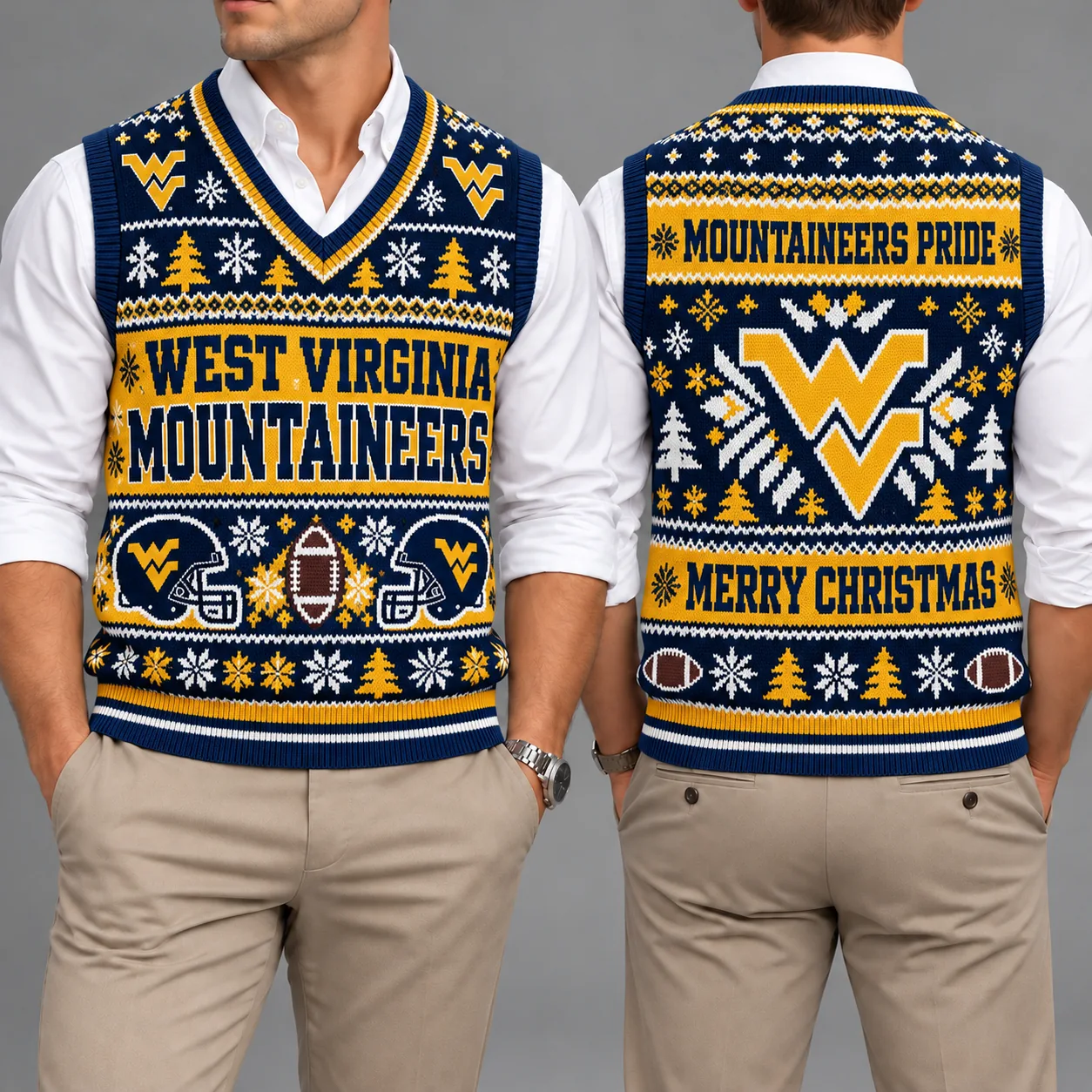 West Virginia Mountaineers Christmas Argyle Football Fan V-Neck Sleeveless Knit Vest