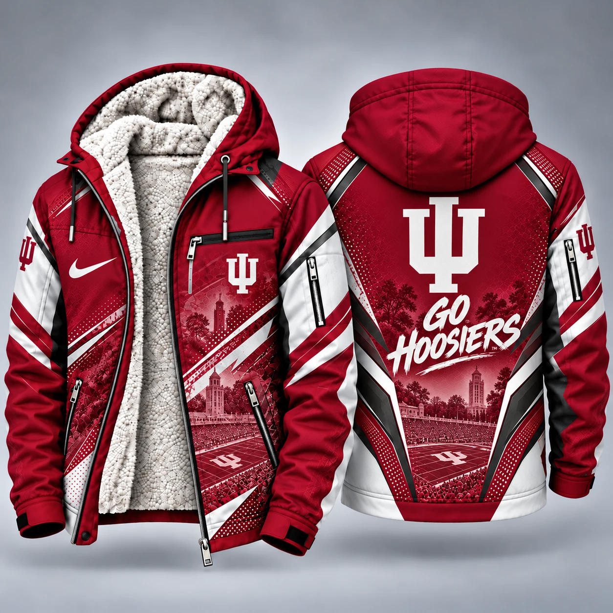 Indiana Hoosiers Men's Christmas Graphic Hooded Winter Coat – Festive Holiday Edition