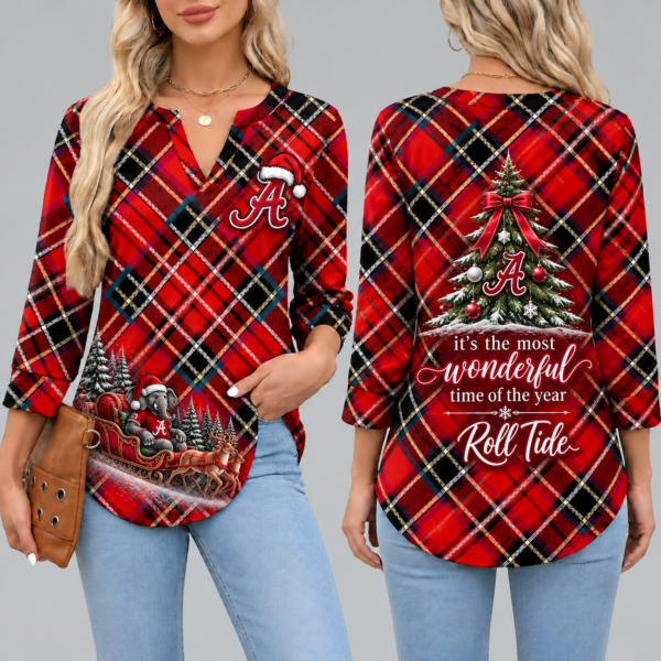 Women's Christmas Plaid V-Neck Collar Long Sleeve Casual Shirt with Festive Holiday Print – Alabama Crimson Tide front and back