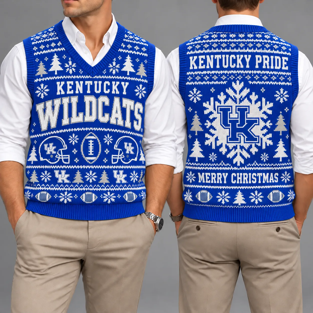 Kentucky Wildcats Christmas Argyle Football Fan V-Neck Sleeveless Knit Vest