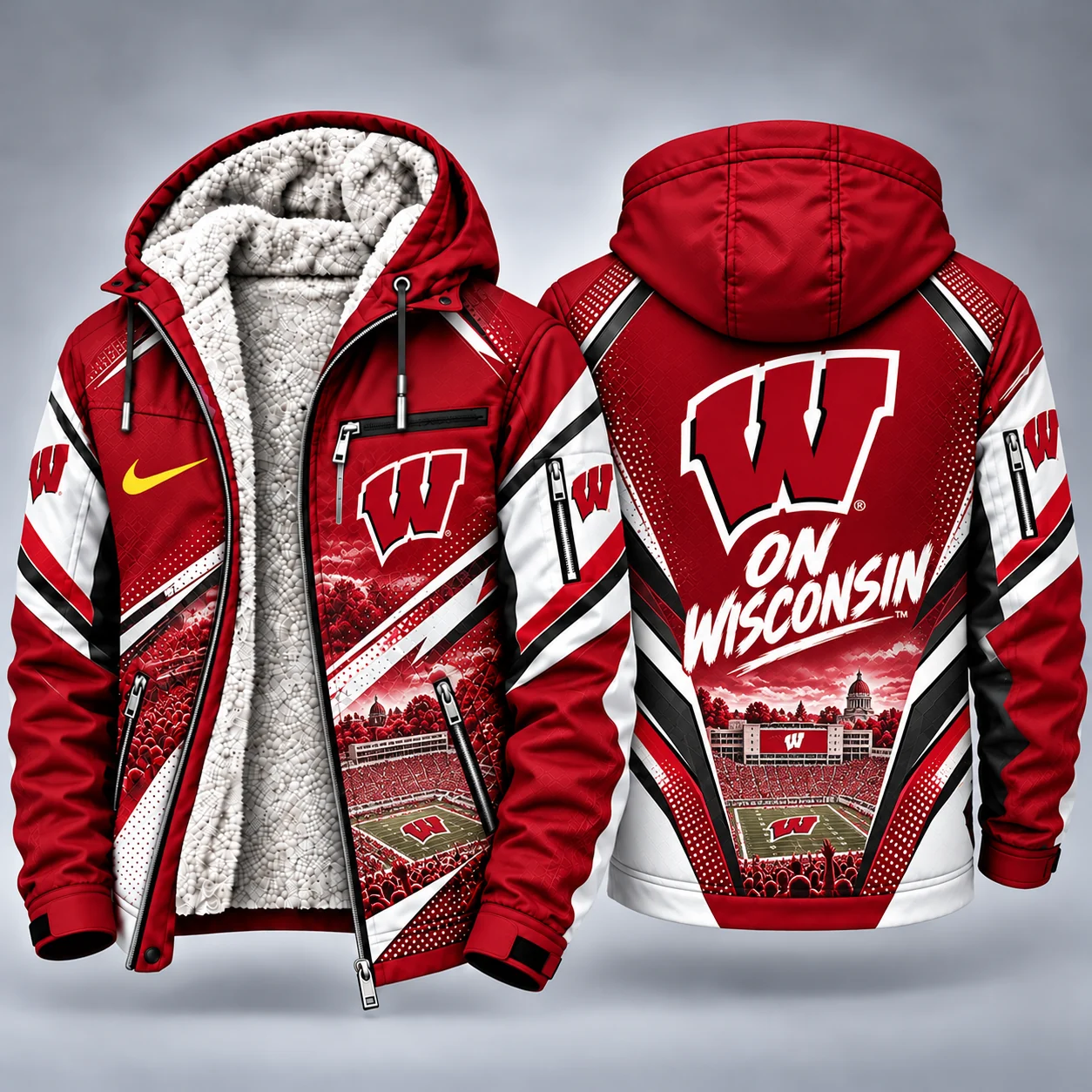 Wisconsin Badgers Men's Christmas Graphic Hooded Winter Coat – Festive Holiday Edition