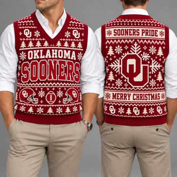 Oklahoma Sooners Christmas Argyle Football Fan V-Neck Sleeveless Knit Vest