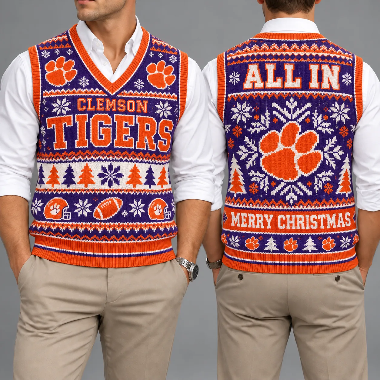 Clemson Tigers Christmas Argyle Football Fan V-Neck Sleeveless Knit Vest