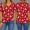 Alabama Crimson Tide Women's Christmas Reindeer Snowflake All-Over Print V-Neck Short Sleeve Shirt – front and back