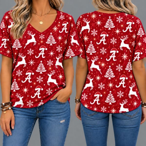 Alabama Crimson Tide Women's Christmas Reindeer Snowflake All-Over Print V-Neck Short Sleeve Shirt – front and back