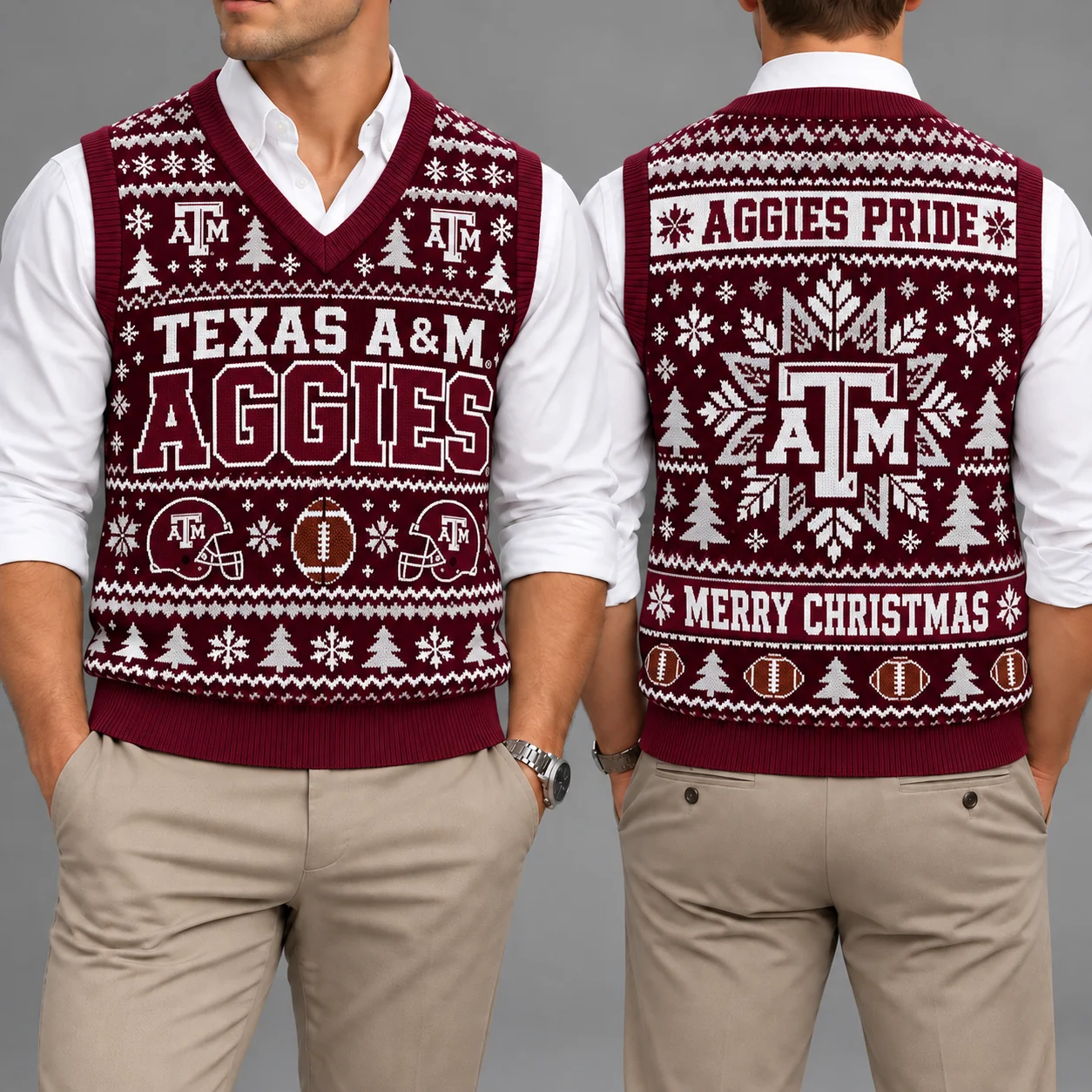 Texas A&M Aggies Christmas Argyle Football Fan V-Neck Sleeveless Knit Vest