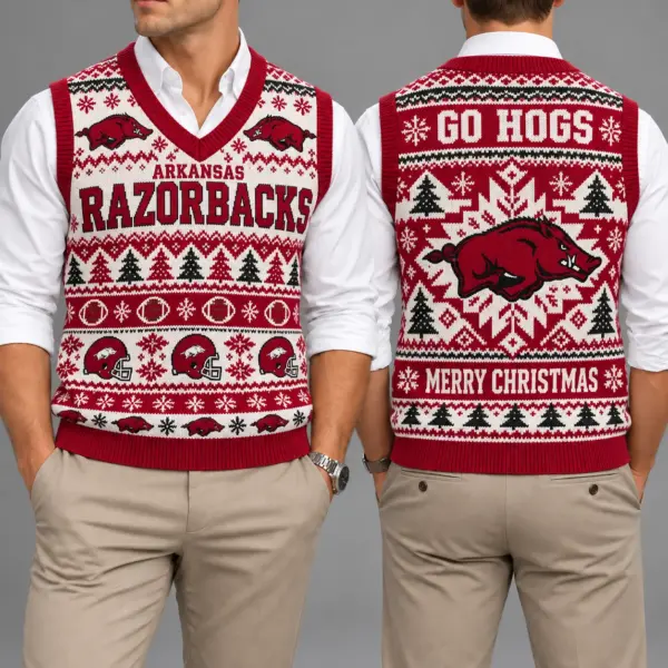 Arkansas Razorbacks Christmas Argyle Football Fan V-Neck Sleeveless Knit Vest