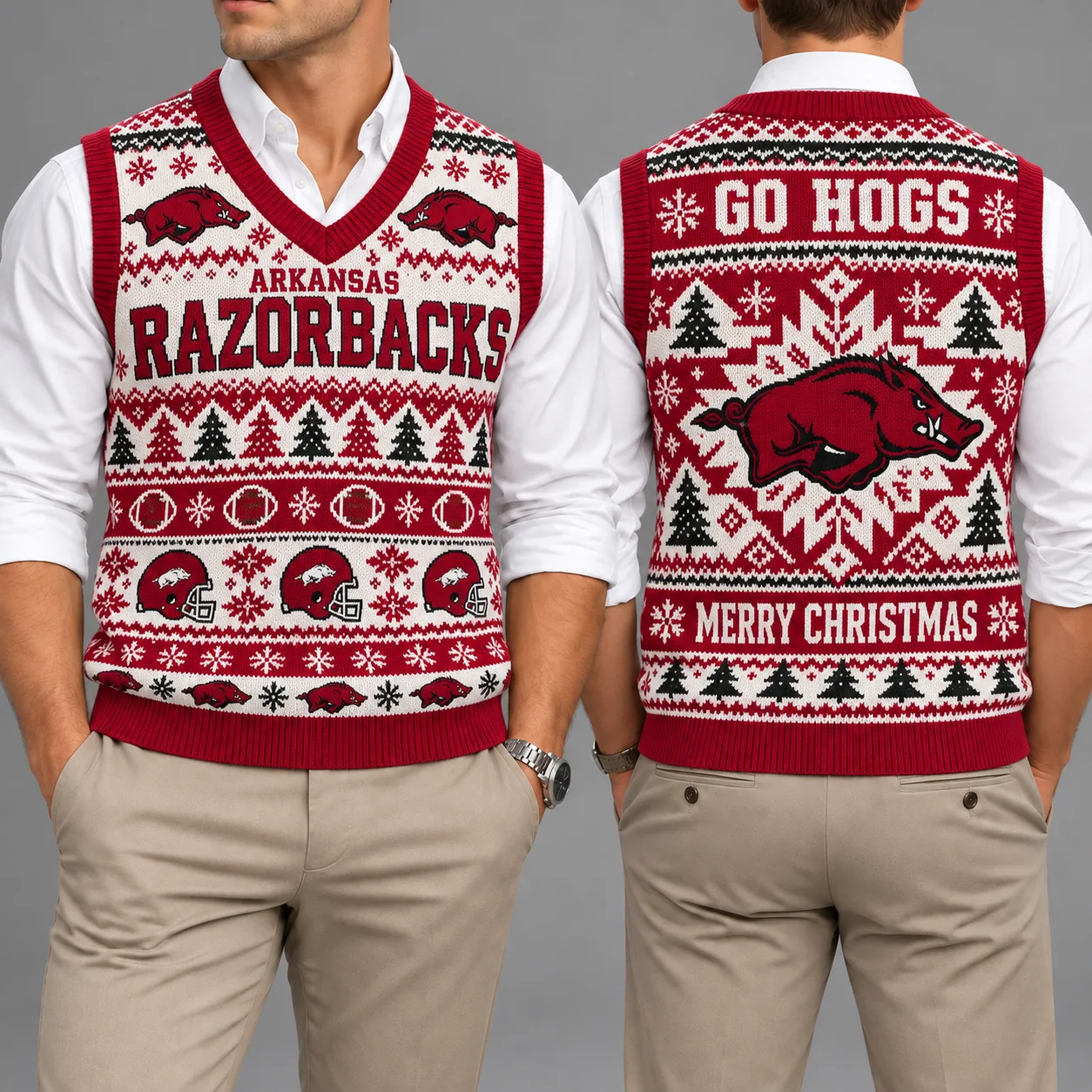Arkansas Razorbacks Christmas Argyle Football Fan V-Neck Sleeveless Knit Vest