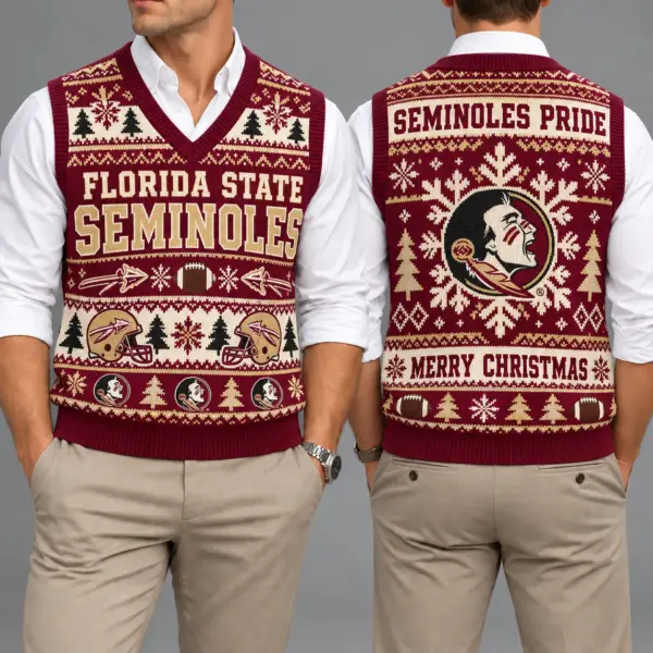 Florida State Seminoles Christmas Argyle Football Fan V-Neck Sleeveless Knit Vest