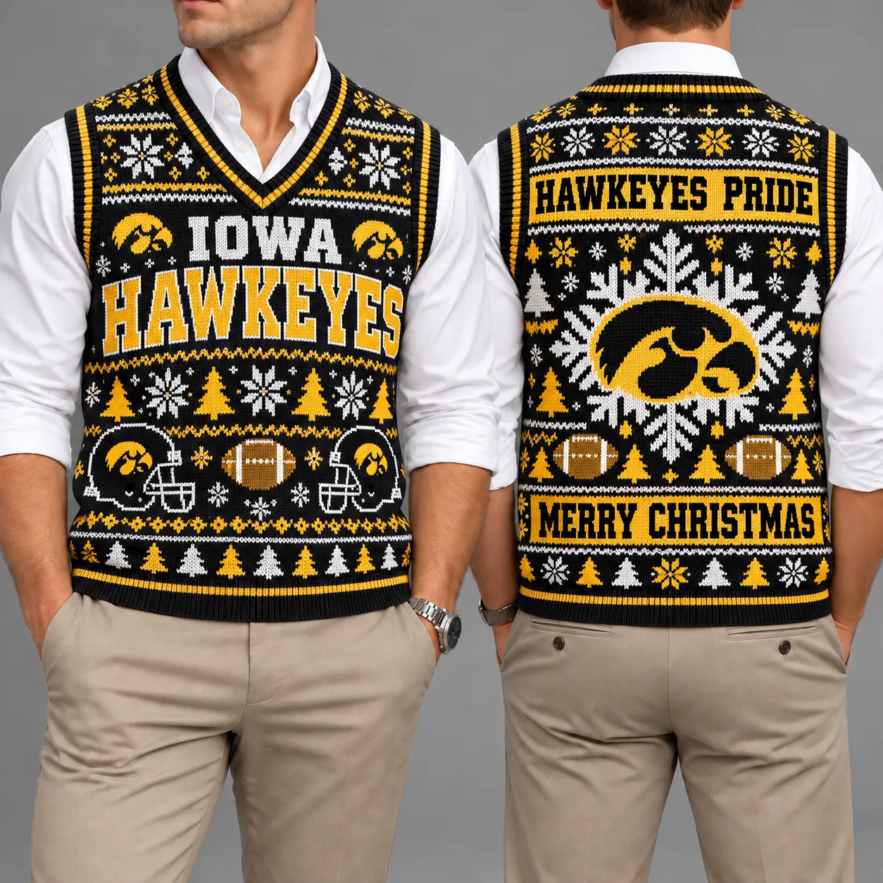 Iowa Hawkeyes Christmas Argyle Football Fan V-Neck Sleeveless Knit Vest